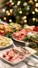 Festive Holiday Feast with Cold Cuts and Fresh Salad on a Decorated Christmas Table. Concept of Seasonal Celebrations, Holiday Gatherings, and Traditional Festive Foods. Vertical