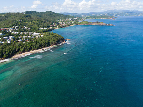 Aerial view of tartane's main surf spots, plage des surfeurs, VFF, entre deux, cocoa, Martinique, West Indies, France