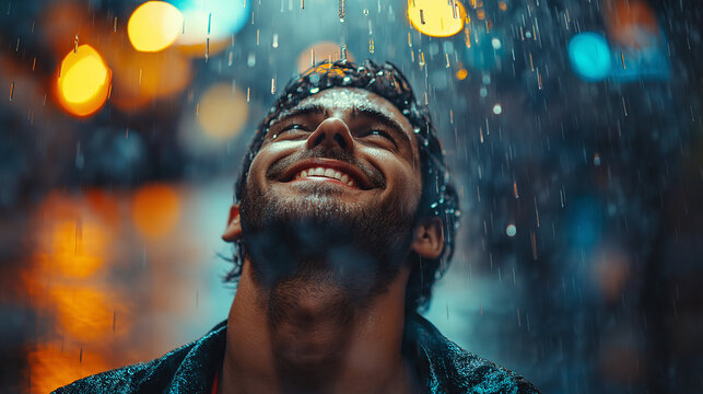 man with a beard, smiling, is outdoors in the rain, looking up. City lights are blurred around him
