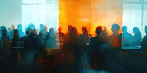 Fototapeta premium A seminar room filled with diverse participants, captured in a blurred, soft-lit abstract background.