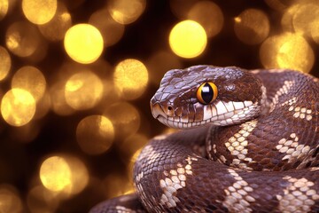 Fototapeta premium Captivating close-up of a coiled snake with bokeh effect