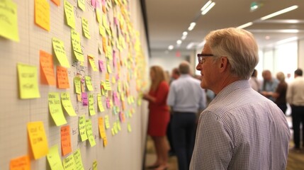 Collaborative brainstorming: diverse team engaging with colorful sticky notes in office