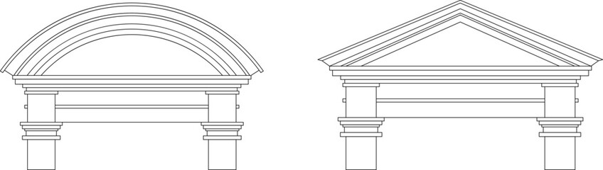 Ancient pediments. Greek or roman architecture temple facade with ancient pillars. Antique architectural. Vintage architecture of Greek culture. Simple linear vector illustration collection isolated