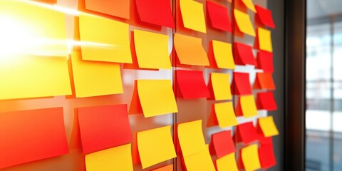 Colorful sticky notes on glass wall with sunlight in modern office setting