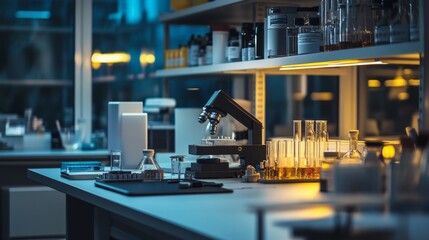 A bustling laboratory environment at night focusing on scientific research and discovery with various equipment and glassware