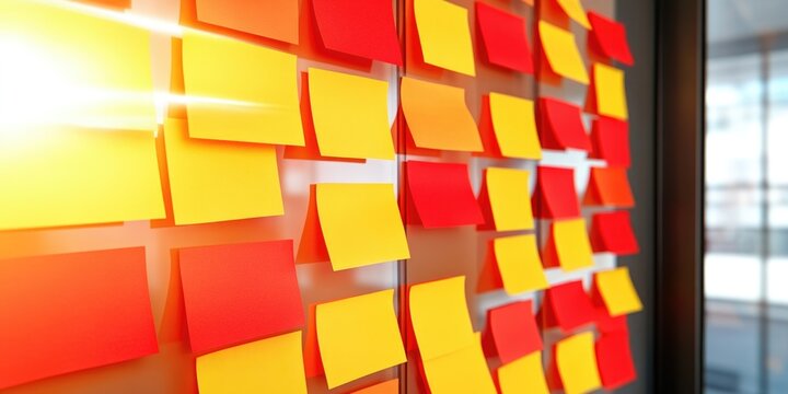 Colorful sticky notes on glass wall with sunlight in modern office setting