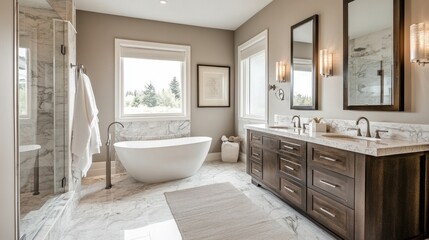 A luxurious bathroom with a double sink vanity, marble floors, and a large freestanding bathtub.