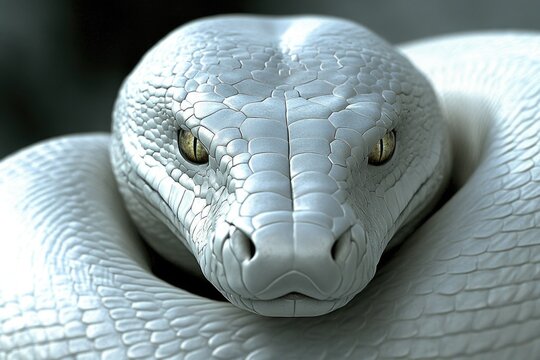 Close-up of white python with scales and intense yellow eyes in dramatic lighting