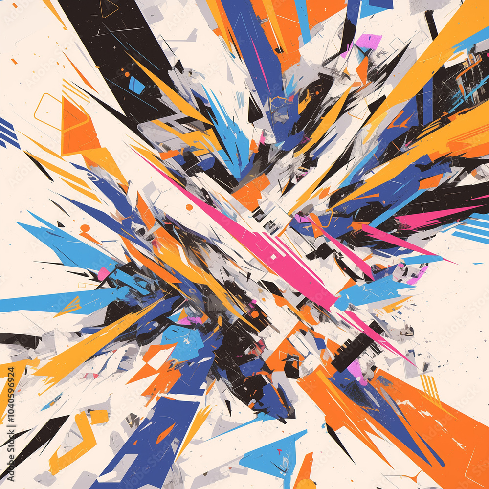Wall mural dynamic abstract explosion with angular shards in a palette of orange, pink, and blue