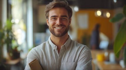 Fototapeta premium A man with a beard and a warm smile is seen from the chest up. He's wearing a light shirt and holding a light brown package