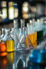 Colorful laboratory glassware filled with various liquids on a lab bench during daylight hours, showcasing scientific experimentation