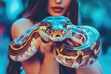 Woman holding vibrant snake outdoors in nature