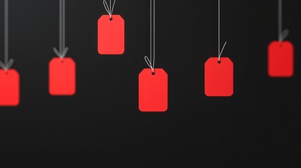 Red price tags hanging on black background. Minimal retail concept. Black friday sale design. Shopping discount banner for marketing campaign with copy space