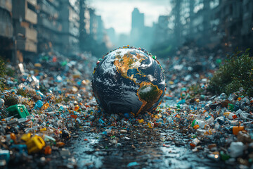 A globe surrounded by recycling arrows, representing the global need for waste reduction and recycling. Concept of waste management.