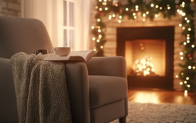 Obraz premium Cozy armchair by the fireplace adorned with twinkling lights, inviting relaxation on a winter evening at home