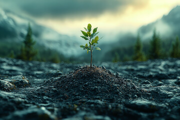 A forest emerging from a desolate wasteland, representing the transformation of an empty space into life. Concept of regeneration.