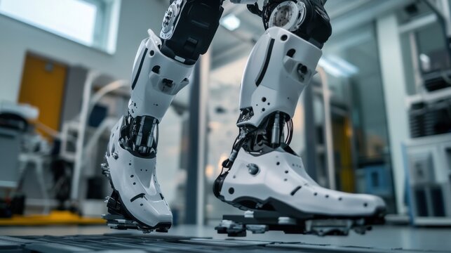 A detailed shot of the agile locomotion and dynamic stability control of a humanoid bipedal robot in a robotics locomotion research center, Robotics style, photo of