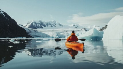 A person kayaking in calm waters surrounded by towering glaciers and snowy peaks, symbolizing adventure and exploration in icy landscapes, Kayaking scene