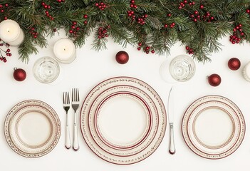 Elegant holiday dining setup with decorative greenery, candles, and festive tableware ready for a special celebration