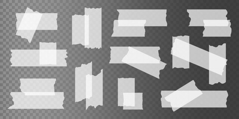 Sticky adhesive tape Torn Pieces set. Transparent White stripes Isolated. Ripped Masking stripe. Scotch Sticker for collage, fixing photo notes. Element for Design. Vector illustration