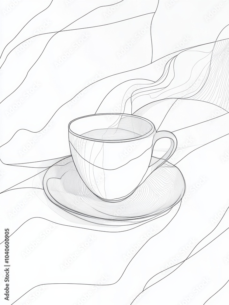 Poster this artwork features a minimalist line drawing of a tea cup with elegant steam rising from it, crea