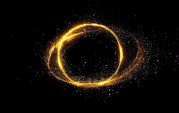 A stunning golden circular swirl of light particles against a dark background creates a mesmerizing visual effect of movement and energy