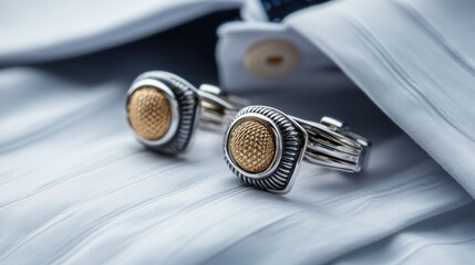 A pair of detailed silver and gold cufflinks on an elegantly folded shirt, ready for a formal occasion.