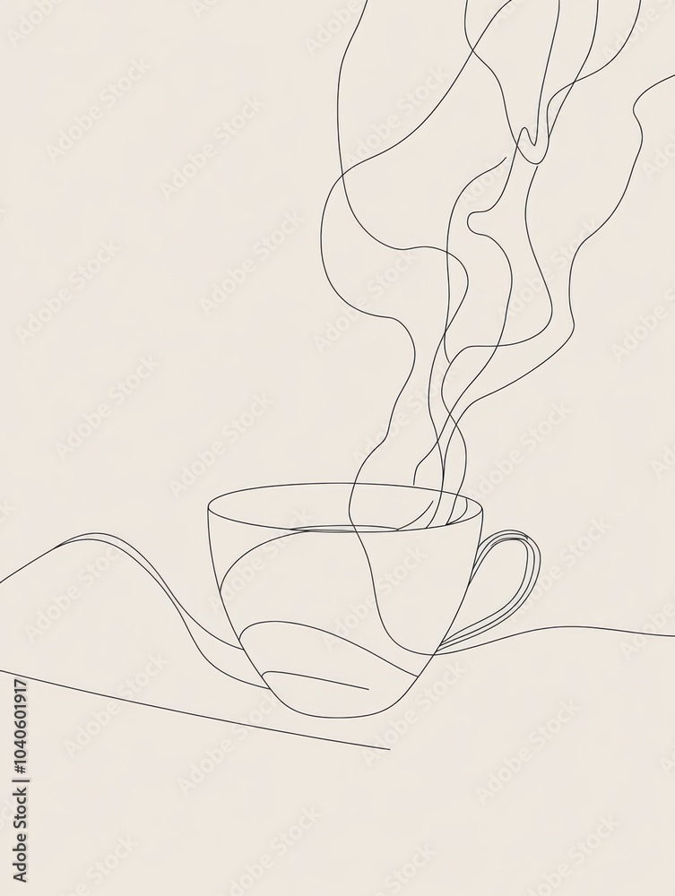 Poster A simple continuous line art depicts a tea cup with soft steam lines, evoking a feeling of warmth and tranquility in a minimalist design. Generative AI