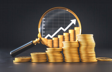 A magnifying glass inspecting stacked gold coins with an upward financial graph in the background	