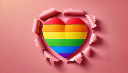 Heart in LGBT pride colors with torn paper effect and pink background