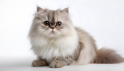 Persian cat sitting elegantly on a white background with fluffy fur and bright eyes
