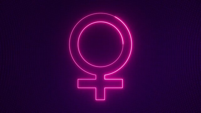 Glowing pink neon female gender symbol animation on halftone pattern background.