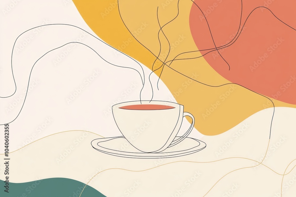 Poster a continuous line illustration depicts a tea cup with gentle steam, surrounded by abstract forms in 
