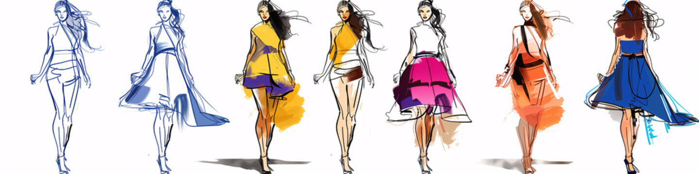 Boceto de dise&ntilde;o de moda con figurines y ropa colorida