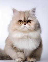 Persian cat sitting elegantly on a white background with fluffy fur and bright eyes
