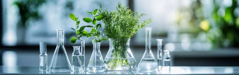 Laboratory setup featuring various glassware and fresh herbs on a table with bright natural light in a research environment