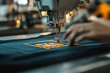 Sewing machine embroidering design on fabric, showcasing precision and creativity in textile work. intricate details highlight craftsmanship involved in modern embroidery
