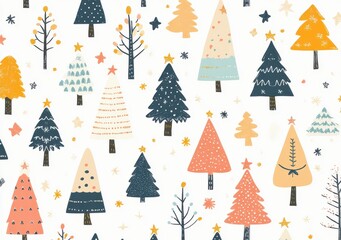 Seamless pattern with colorful Christmas trees and stars for festive decorations