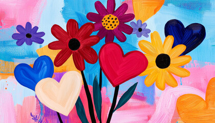 Playful, abstract flowers and geometric hearts overlapping in a collage, with a background of bright, textured brushstrokes and swirling doodle lines.