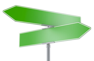 Two empty green traffic road sign arrows, opposite traffic signs, 3D rendering isolated on transparent background © natatravel