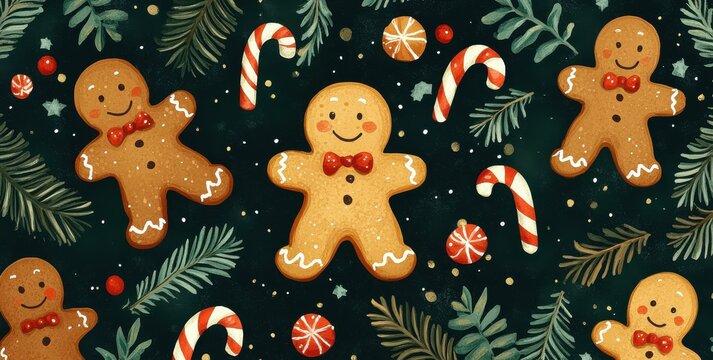 Seamless festive pattern with hand-drawn gingerbread men, candy canes, and evergreen branches on a dark background