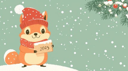 An adorable festive squirrel carrying a charming Christmas package in a snowy winter landscape