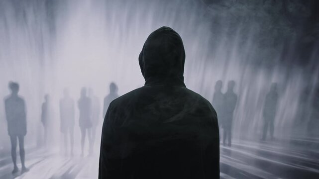 Mysterious Hooded Man Faces Ethereal Crowd In Foggy Dystopian Social Commentary Dark Atmospheric