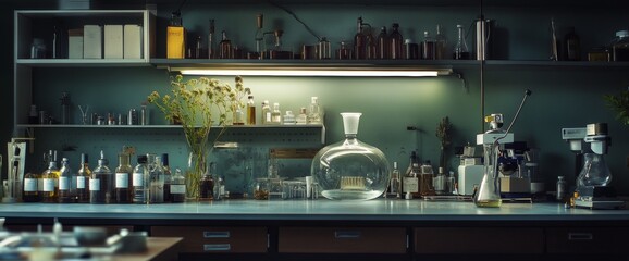 Laboratory workspace with glassware, bottles, and plants amid a collection of scientific equipment at twilight