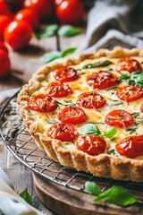  golden tomato tart with vibrant roasted cherry tomatoes atop a crispy crust. The filling is cheesy and slightly bubbling, with herbs scattered for added texture and flavor