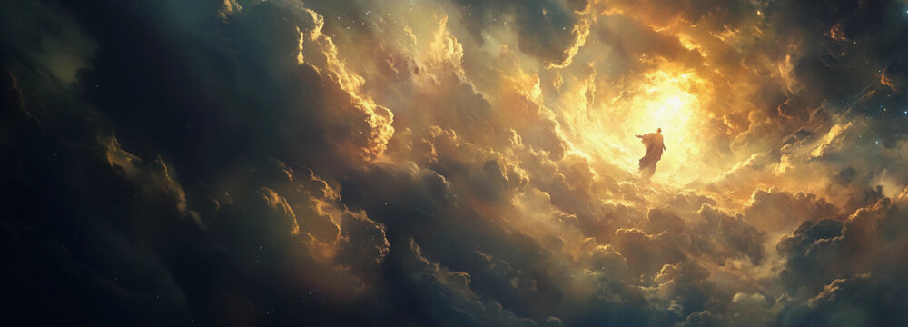 A floating man in the clouds parting second coming banner with room for copy text at left Jesus bible biblical rapture God Lord