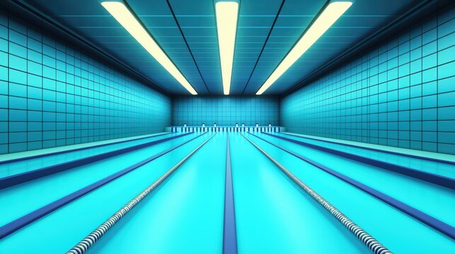 A vibrant swimming pool with blue tiles and illuminated lanes for competitive swimming.