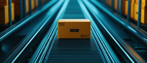 A yellow package on a conveyor belt in a modern warehouse, showcasing efficient logistics and delivery.