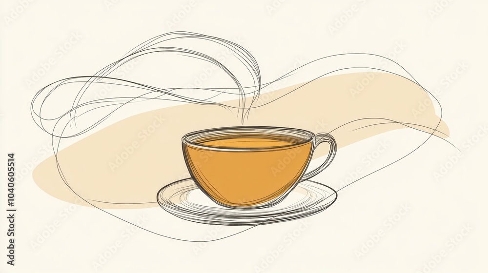Poster This artwork depicts a minimalistic tea cup with soft steam flowing upward, evoking warmth and tranquility in a serene setting. Generative AI