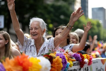 Fototapeta premium An elderly woman joyfully waves during a colorful parade, surrounded by flowers and a vibrant rainbow flag, celebrating diversity and unity.